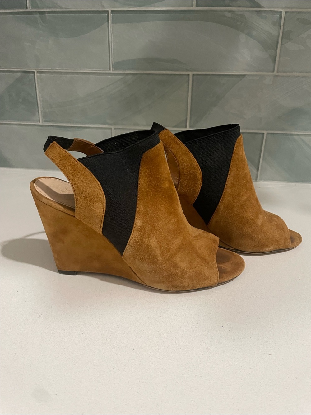 Vince Camuto Cognac Suede Peep-Toe Wedge Sandals with Black Elastic